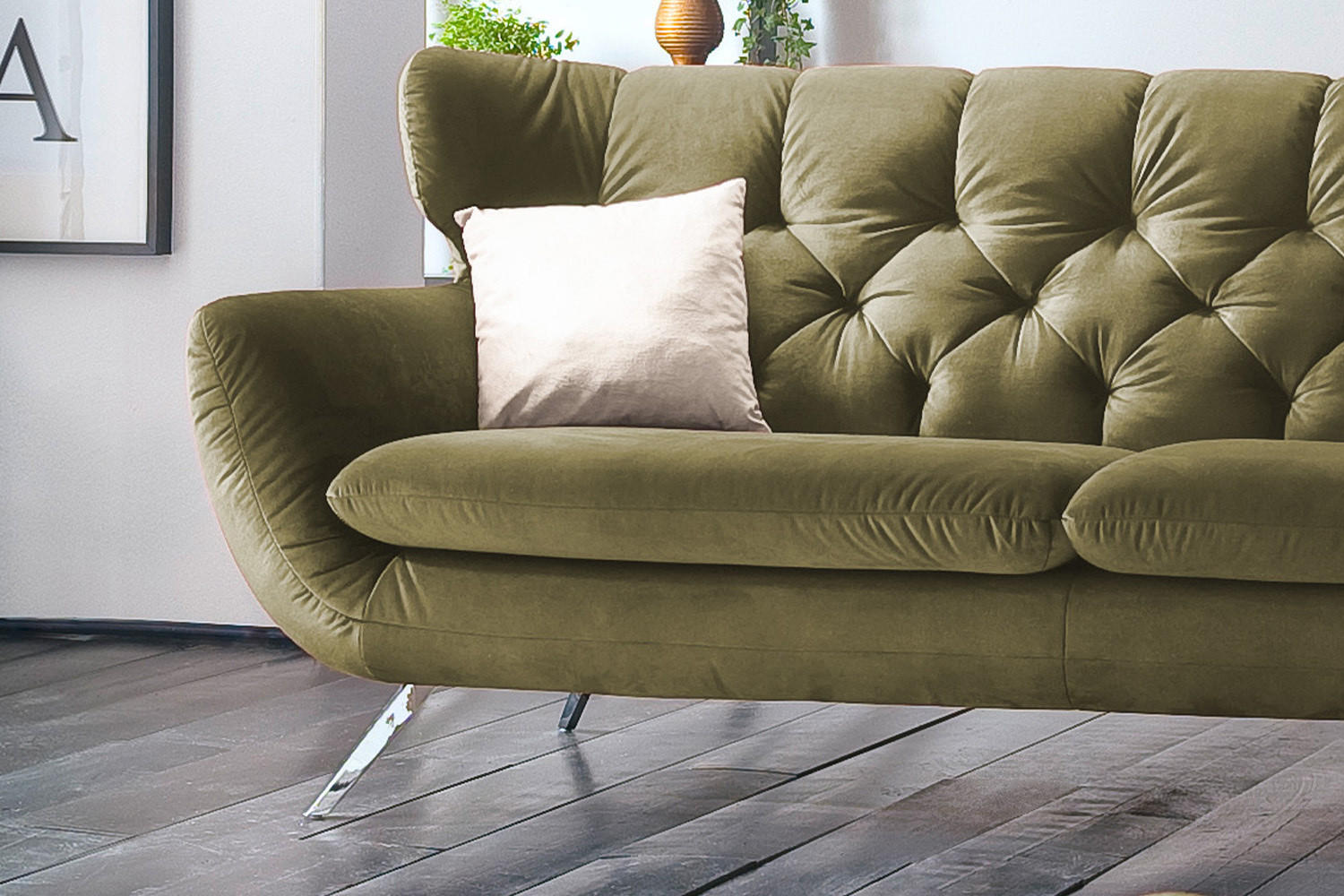 SOFA CHARME Grün Velvet - Schwarz/Grün, Textil (225/94/95cm) - KAWOLA