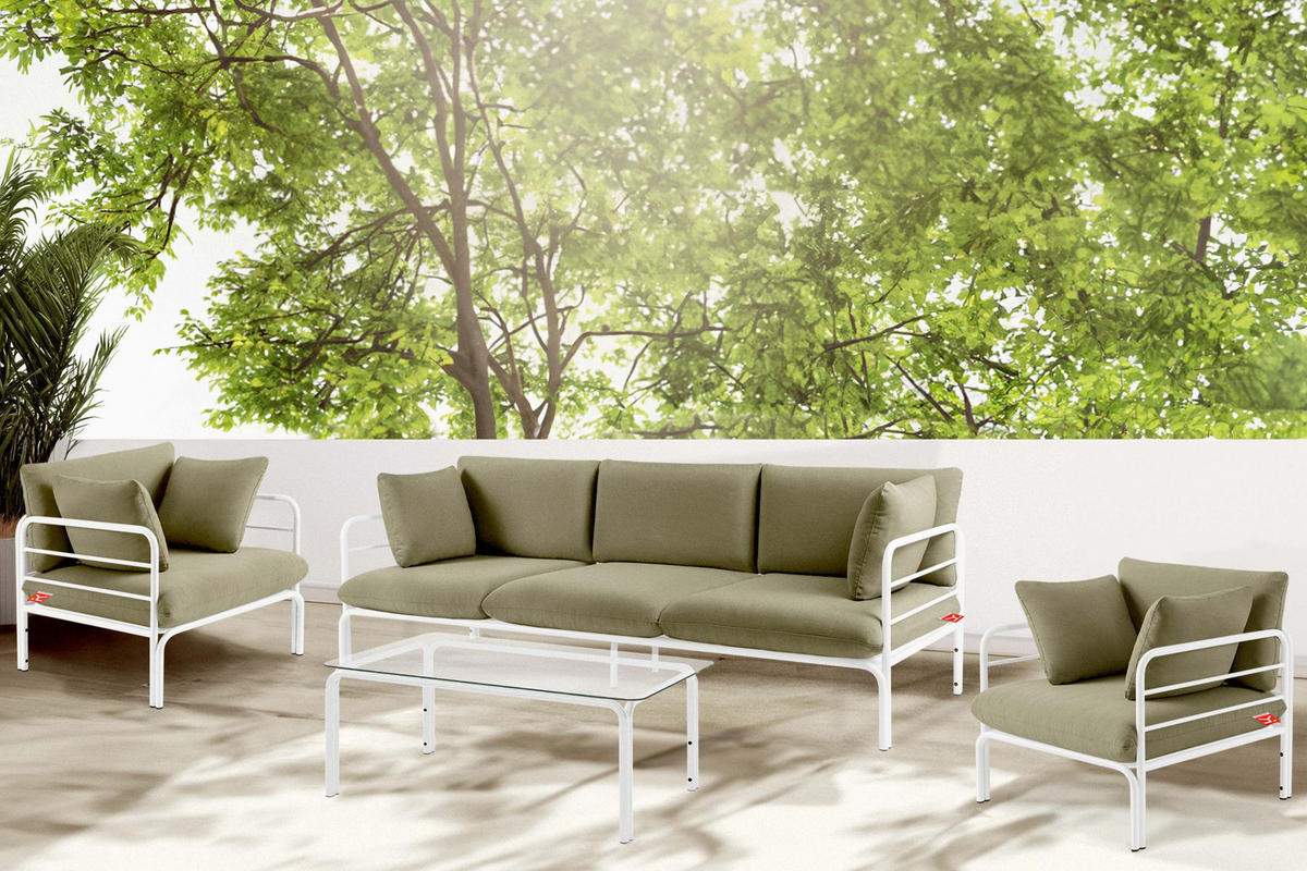 GARTENMÖBELSET RAMBE 4-tlg. 1x Tisch 2x Sessel 1x Sofa 3-Sitzer, mit Auflage, Stahlrahmen, LOFT-STIL, Weiß/Beige - Beige/Weiß, Textil/Metall - KONSIMO®