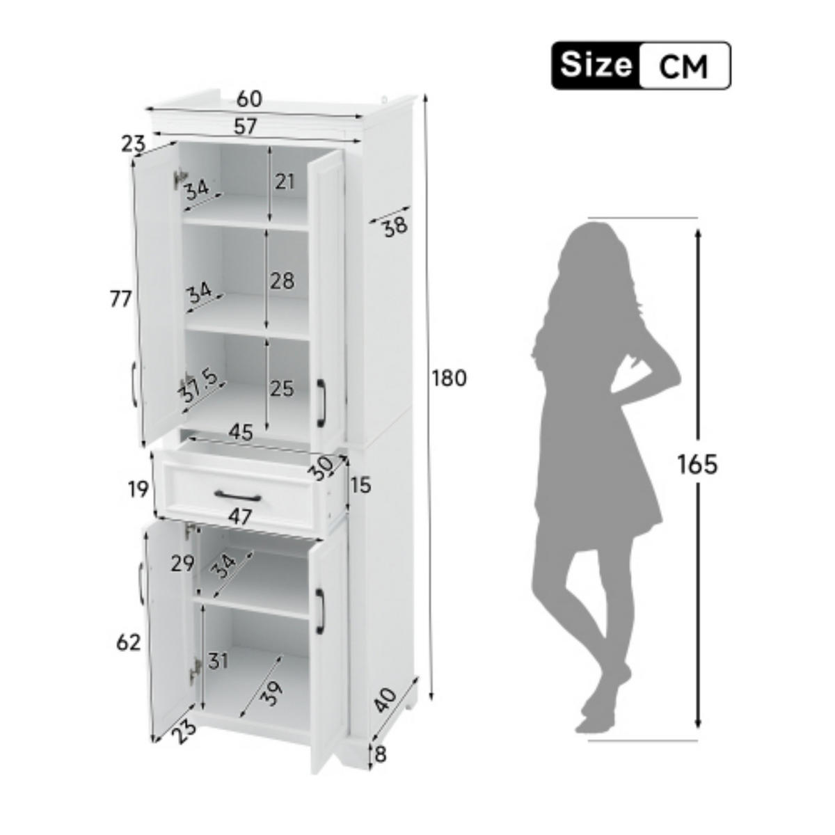 BADEZIMMERSCHRANK Hochschrank 60x40x180 cm Weiß aus MDF mit Türen, Schublade und verstellbaren Einlegeböden - Weiß, Holzwerkstoff (60/180/40cm) - Modfu