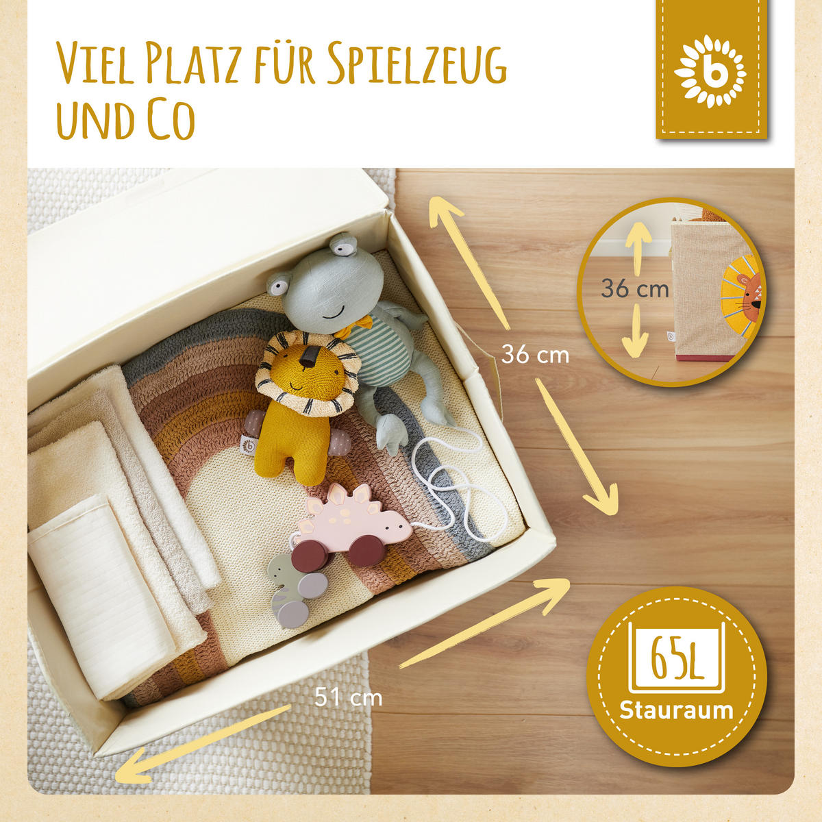 AUFBEWAHRUNGSBOX mit Deckel 65L, faltbar - Beige/Gelb, Textil (51/36cm) - Bieco Spielwaren