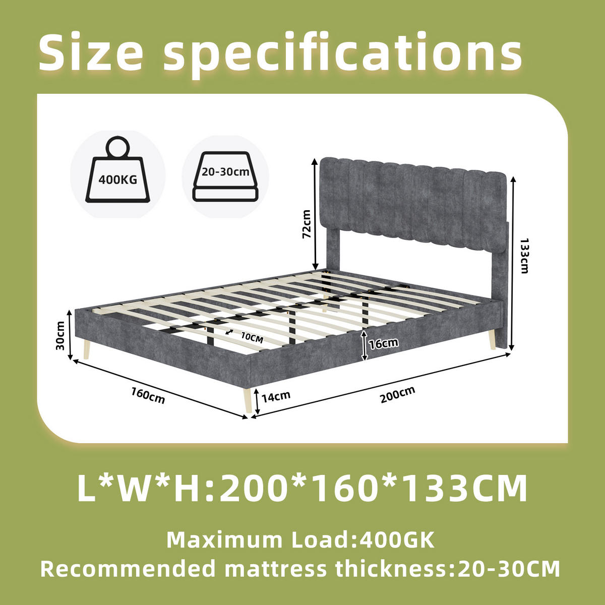 POLSTERBETT 160/200 cm DE-32951 mit hohem Kopfteil und Matratze Grau - Grau, Metall (160/200cm) - ComfortXL