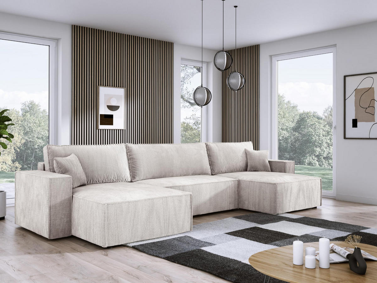ECKSOFA Poso XXL U-förm, Schlaffunktion, weiche Kissen, Bettkasten, hochwertige Polsterung, lose Rückenkissen, freistehend, 377x143x83 cm White - Weiß, Holz/Textil (377/83/143cm) - DomoHome