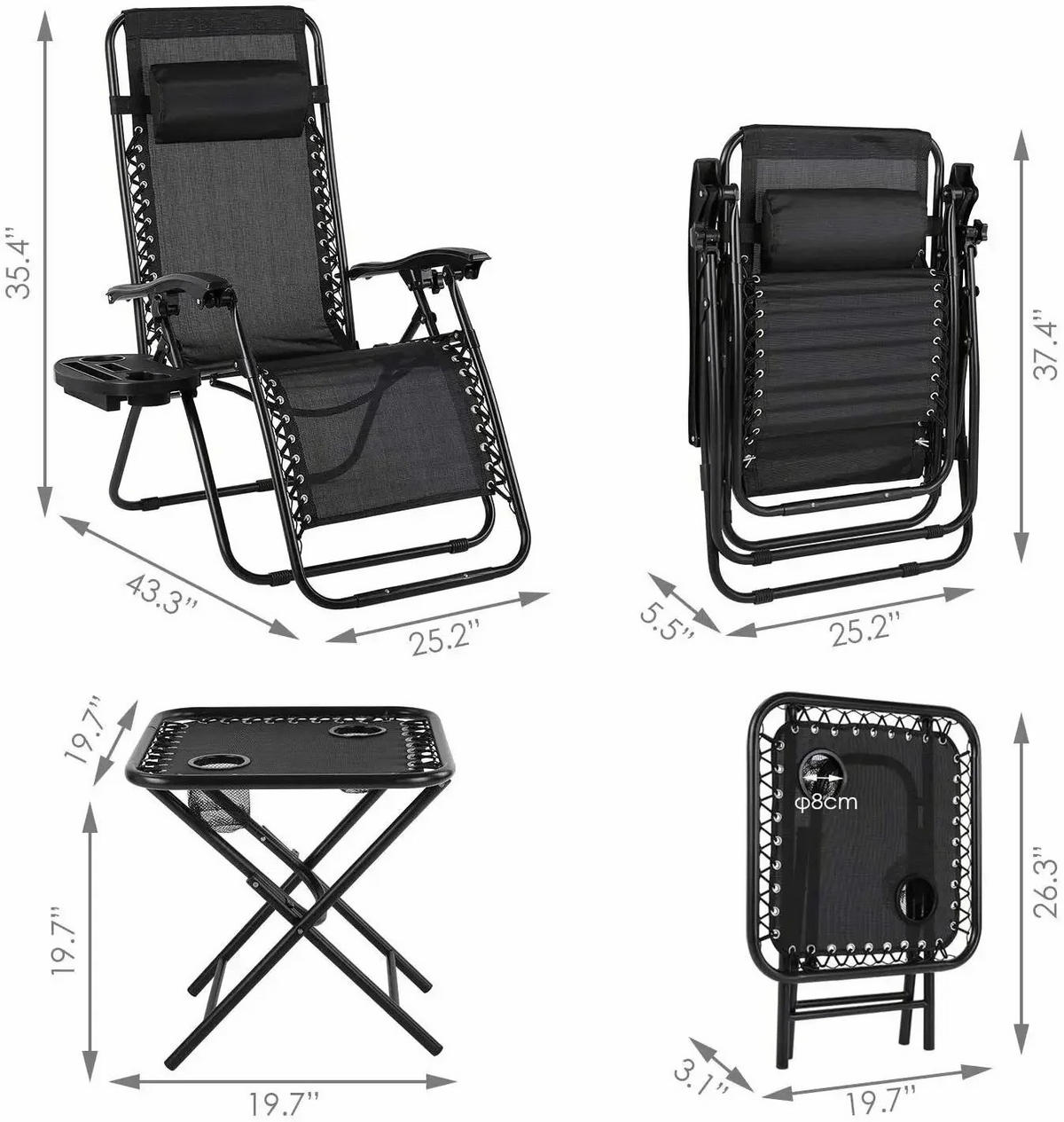 GARTEN Sonnenliege Set Zero Gravity Klappbar Schwarz - Schwarz, Textil/Metall (110/64cm)