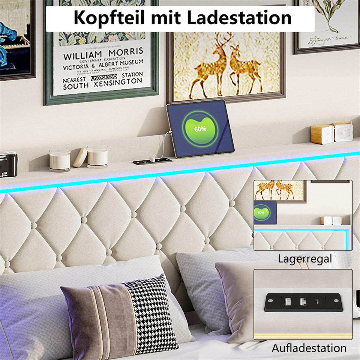 POLSTERBETT 160x200cm mit hydraulischem Stauraum - LED Beleuchtung & Ladefunktion - ohne Matratze - Beige - Beige, Textil (160/200cm) - DELFA