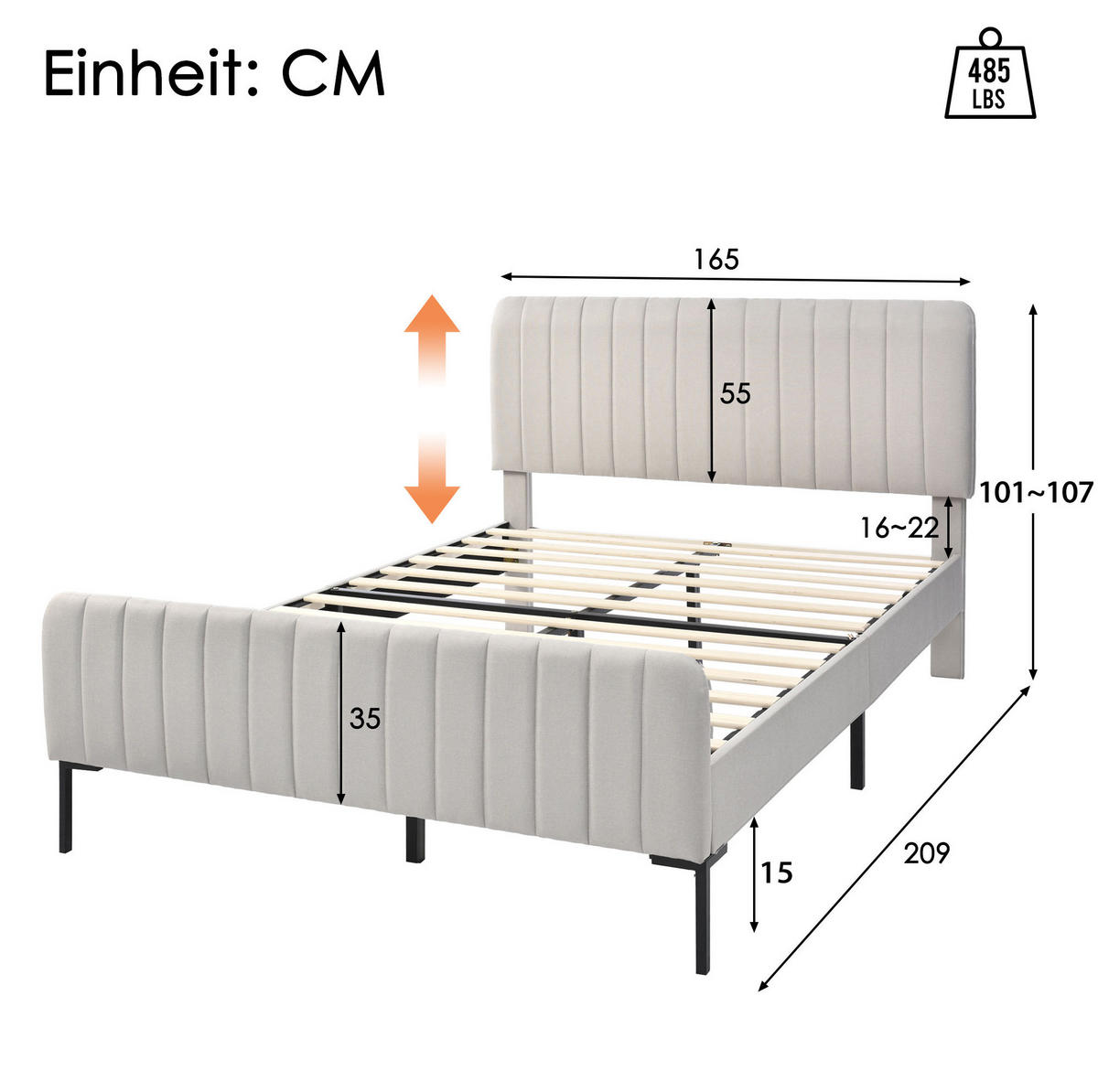 POLSTERBETT 160/200 cm Grau-Beige aus Leinen mit verstellbarem Kopfteil - Grau, Textil (160/200cm) - OKMYHOME