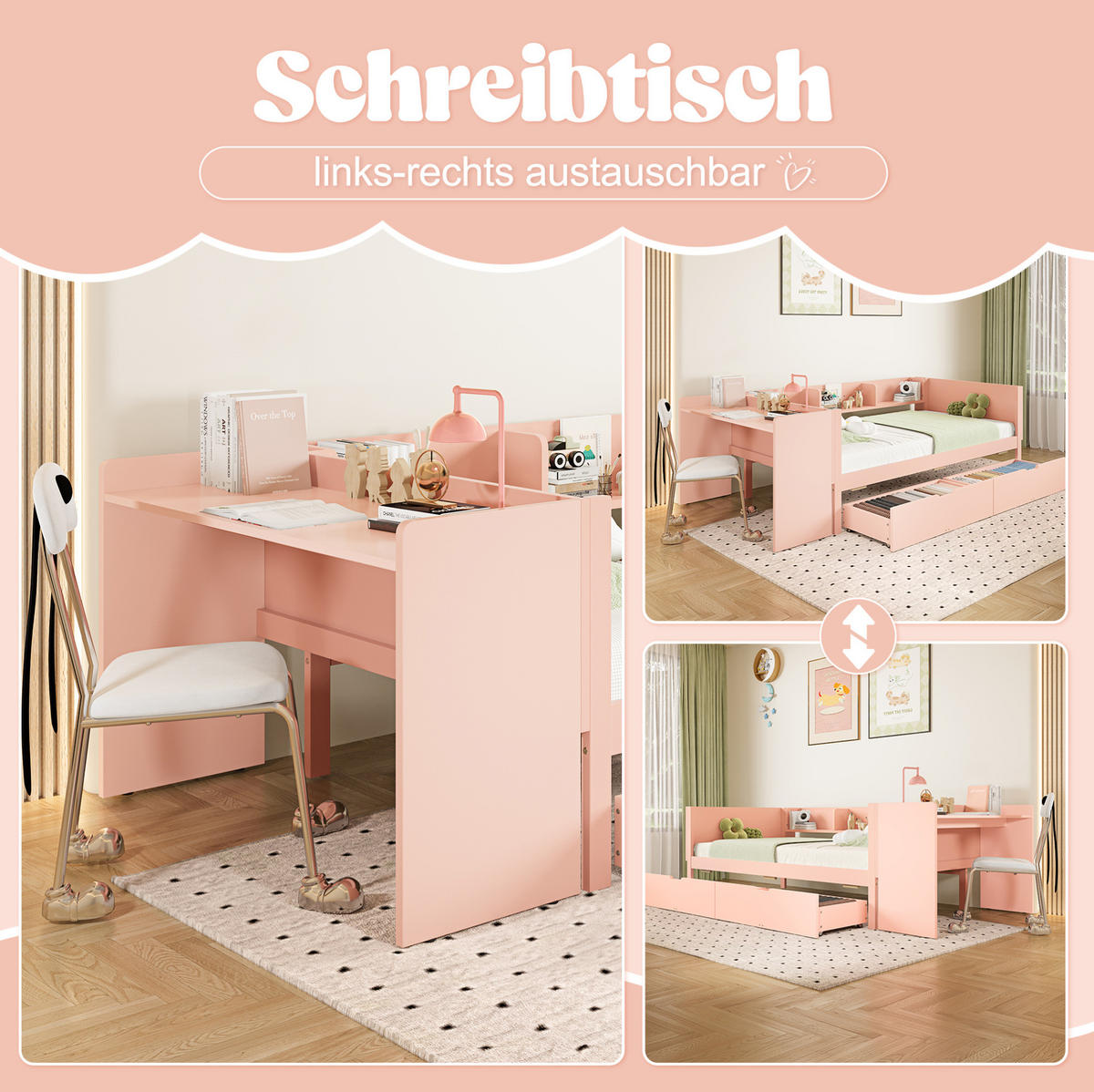 KINDERBETT 90/200 cm Rosa/Weiß aus Kiefer mit Schreibtisch, 2 Schubladen und Regalen - Rosa, Holz (90/200cm) - OKMYHOME