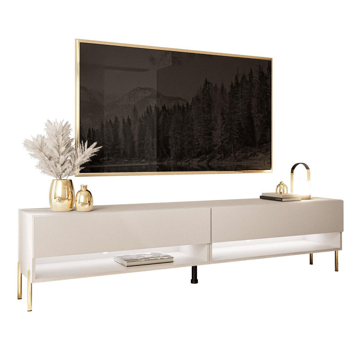 LOWBOARD TV-Schrank CALANTE 180 cm auf geraden goldenen Chrom-Beinen - Kaschmir/Goldfarben, Holzwerkstoff/Metall (180/44/35cm) - Lookway