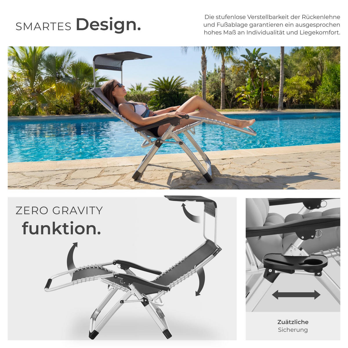 SONNENLIEGE 2er Set Cloud II, mit Ablagetisch und Stautasche, hellgrau - Hellgrau, Kunststoff (84/103/168cm) - tectake