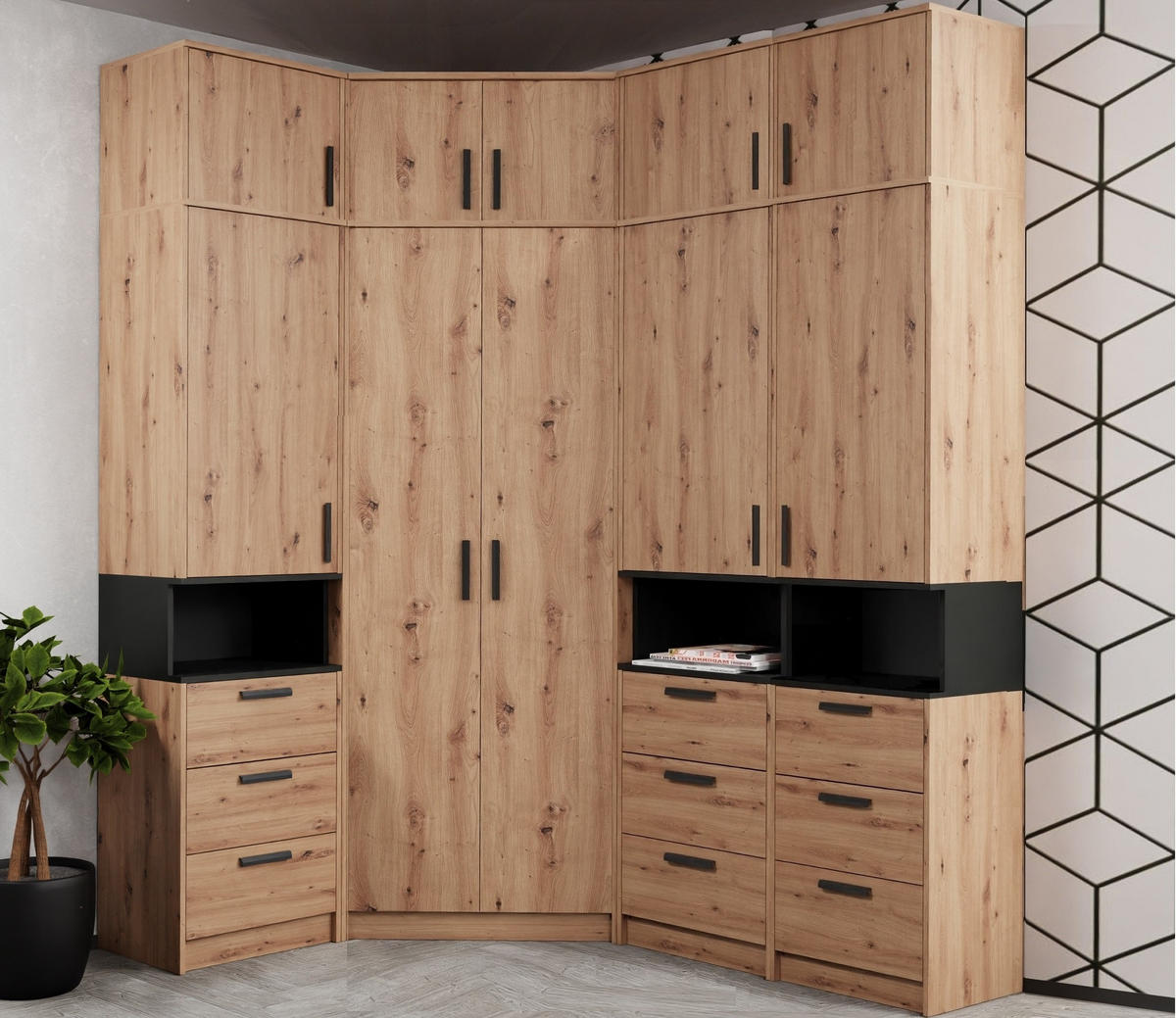 DREHTÜRENSCHRANK ECKSCHRANK REGAL GRANT SET 15/A EICHE ARTISAN 143/195/91 - Schwarz/Eiche Artisan, Holzwerkstoff/Kunststoff (143/195/91cm) - Marmex Möbel