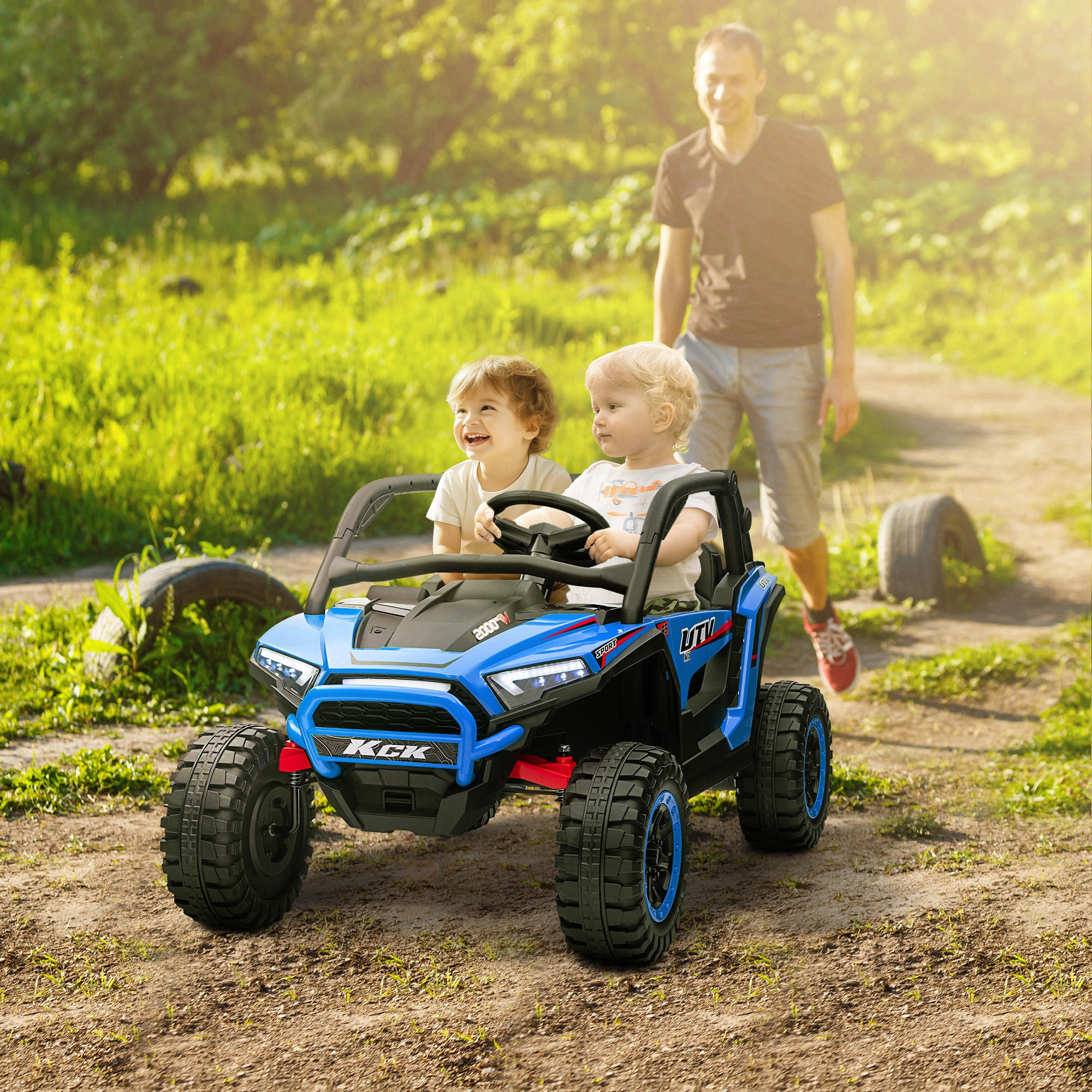 KINDERAUTO Elektro-UTV, 5-7 km/h, 2-Sitzer, Fernbedienung, Musik, Lichter, 1h Fahrtdauer, Blau - Blau, Kunststoff/Metall (117/72/67cm) - AIYAPLAY