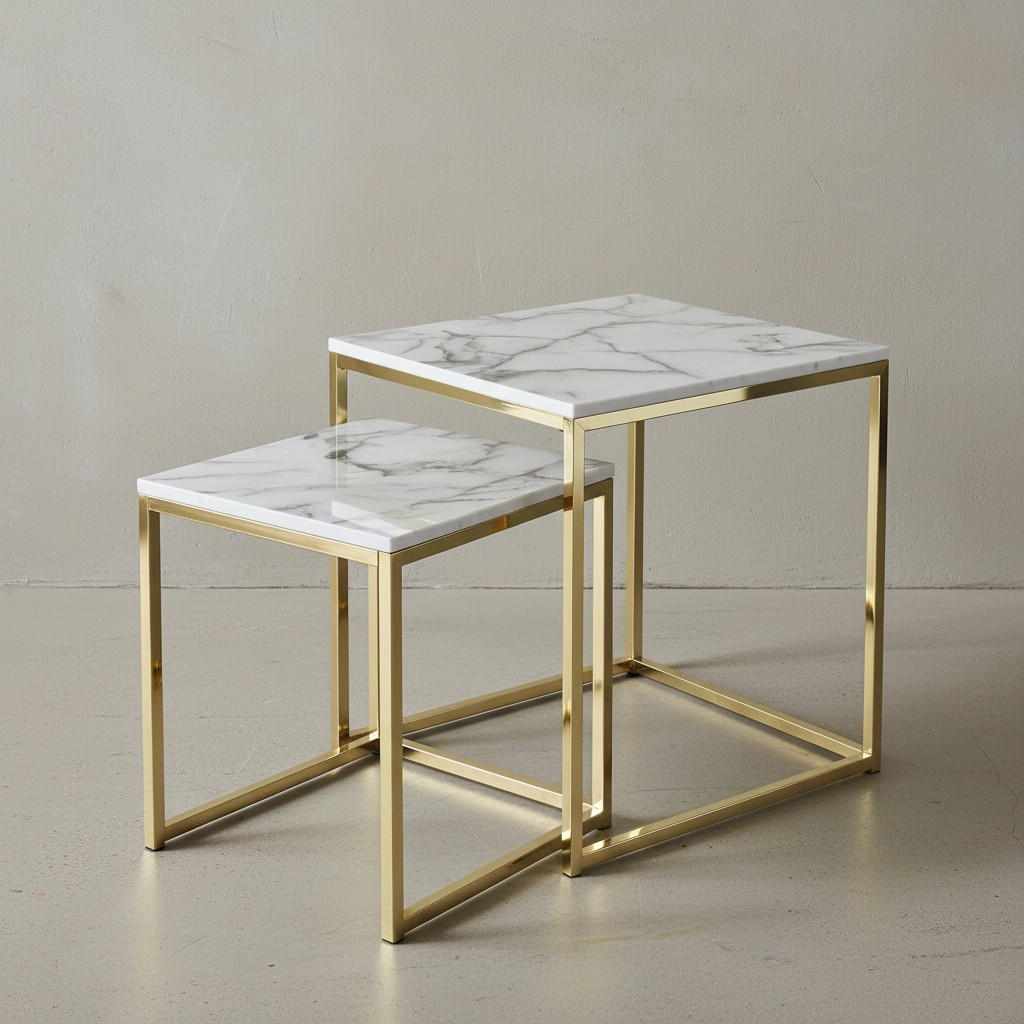 BEISTELLTISCH 2er Set Marmoroptik Metall Robust, Weiß 45x45x50 cm - Goldfarben/Weiß, Holz/Metall (45/45/50cm) - KADIMA DESIGN