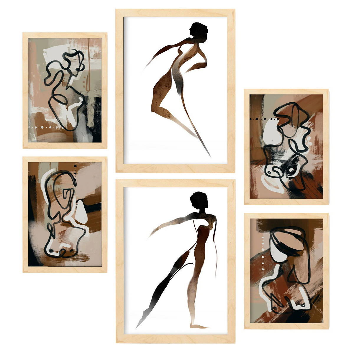 POSTER Set Mit 6 Körpertugend 1 In Weibliche Zusammenfassung Ästhetische Dekorative Gemälde Für Ihr Wohnzimmer Zuhause A3 & A4 Rahmen Aus Hellem Holz - Beige, Papier (29/3cm) - Nacnic