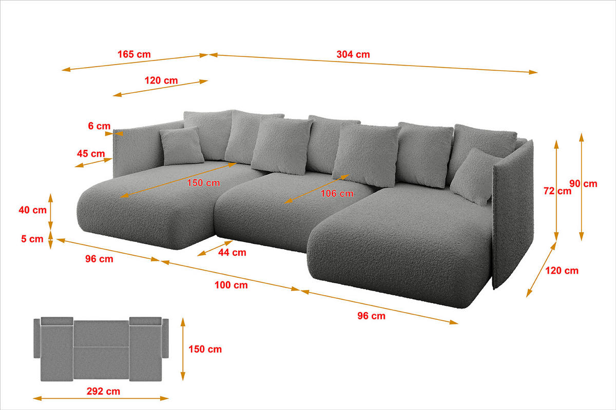 WOHNLANDSCHAFT mit Schlaffunktion und Bettkasten ONESK-U 304x165x40 Hellgrau Bouclé - Hellgrau, Holzwerkstoff/Kunststoff (304/90/165cm) - ALTDECOR