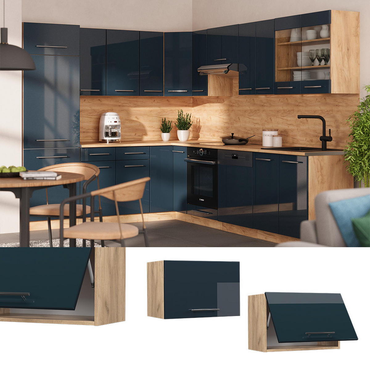 HÄNGESCHRANK Fame-Line Dunkelblau Hochglanz 60 cm Flach - Honigeiche/Eiche Wotan, Holzwerkstoff (60/40/34.1cm) - Vicco