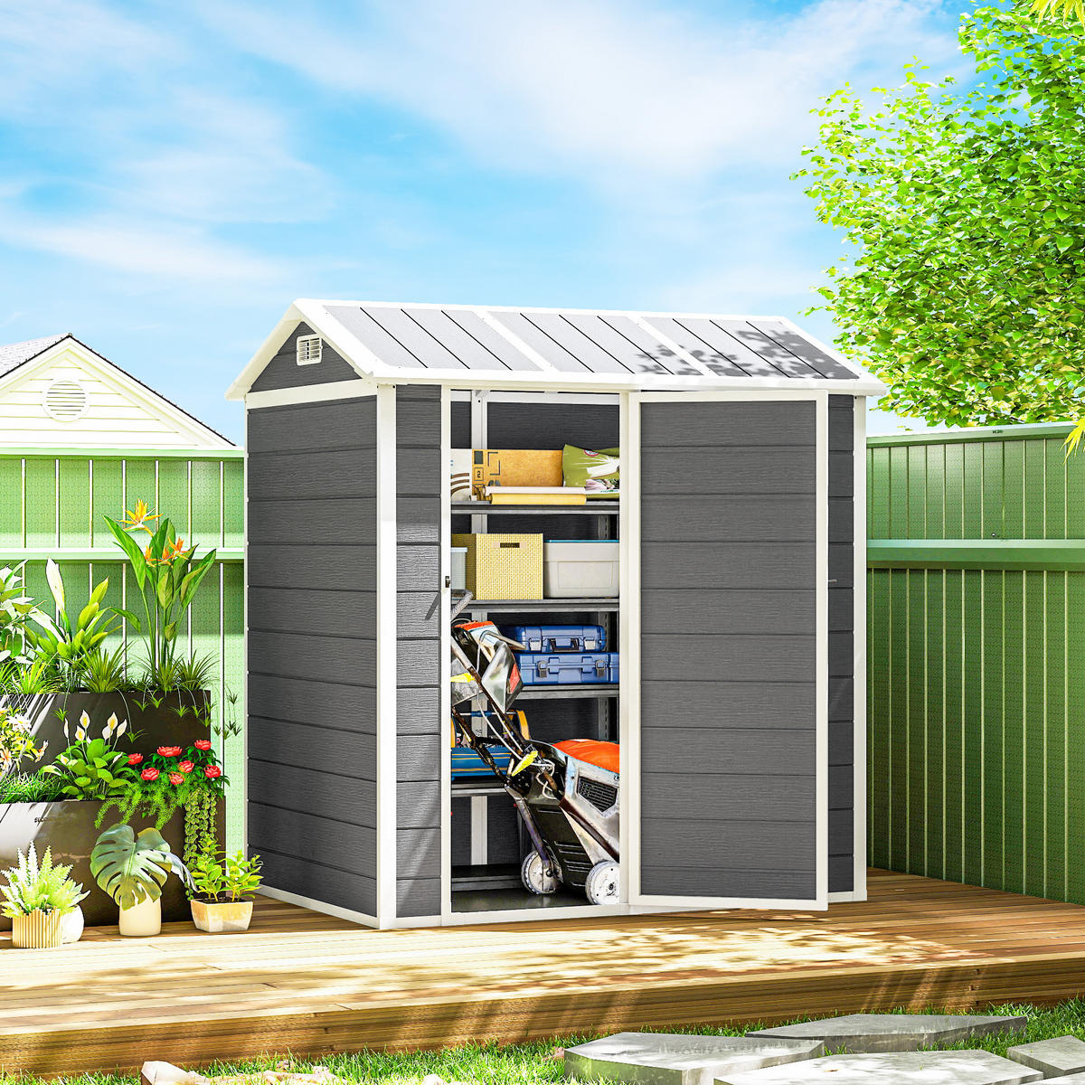 GERÄTEHAUS Kunststoff 2,1m² 186 x 130 x 199cm Geräteschuppen mit Satteldach - Grau, Kunststoff (130/199/186cm) - Outsunny