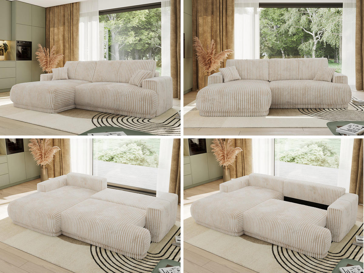 ECKSCHLAFSOFA RINA L Beige Cord - links - Beige/Schwarz, Kunststoff/Textil (266/172cm) - MKS