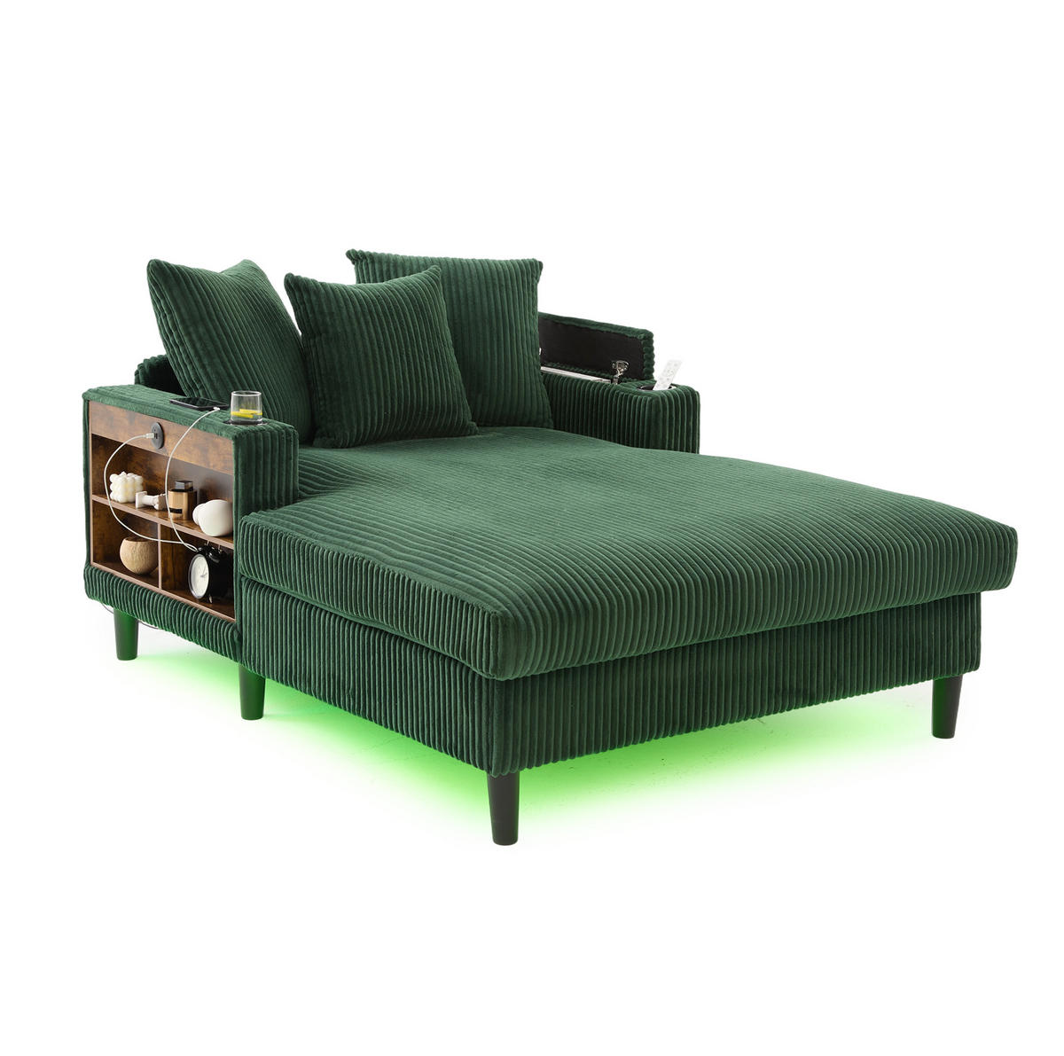 CHAISELONGUE 170/129/70 cm aus Cord mit LED-Beleuchtung, USB-Anschluss, Stauraum und 2 Becherhaltern, Smaragdgrün - Smaragdgrün, Textil (170/70/129cm) - Redom