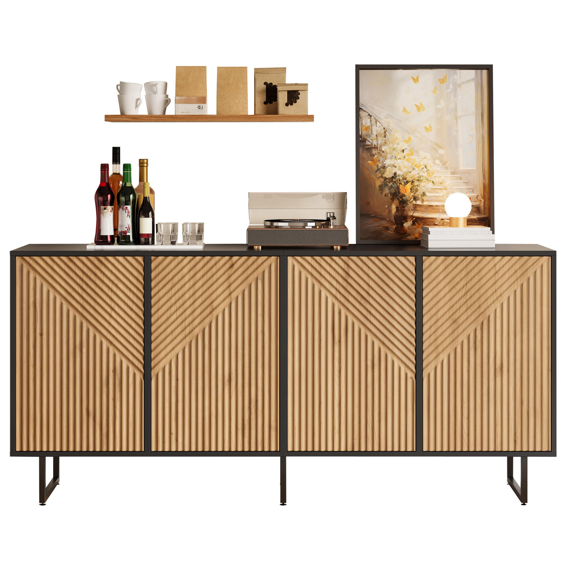 SIDEBOARD aus Spanplatte 160x40x75 cm Naturholz-Schwarz mit 4 Türen und 8 Fächern, strukturierter Front - Naturfarben, Holzwerkstoff (160/75/40cm) - Modfu