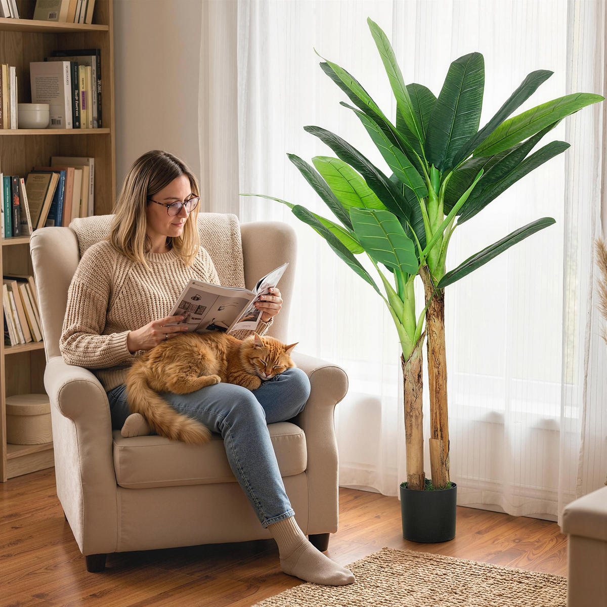KUNSTPFLANZE, Künstlicher Bananenbaum 150 cm, 2 Stämme, mit Topf, für Zuhause & Büro, Grün - Multicolor, Kunststoff (150cm) - FORIOUS