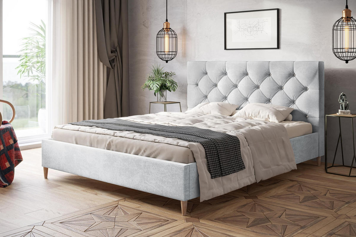 POLSTERBETT LUX Boston mit Kopfteil, 160 x 200 cm, Doppelbett mit Lattenrost aus Holz, Velourstoff Hellgrau, Füße in Farbe: Braun - Hellgrau, Holz/Textil (160/200cm) - Alpi-Möbel