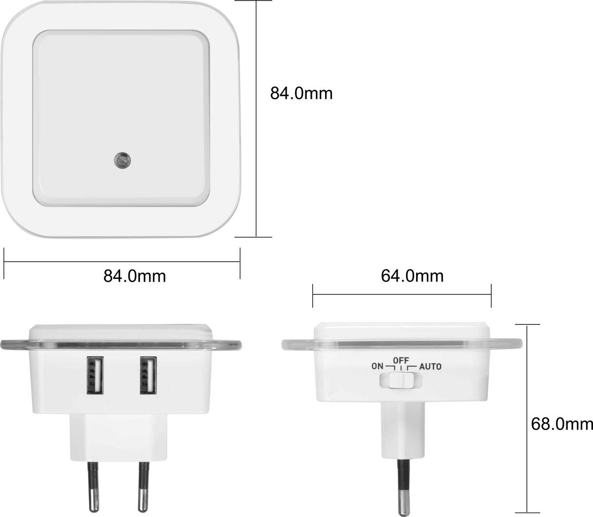 LED-NACHTLICHT - Bernsteinfarben mit Dämmerungssensor und 2 USB-Anschlüssen für Schlafzimmer und Flur, 2er-Set - Weiß, Kunststoff (6.8/9.2/9.2cm) - Northpoint