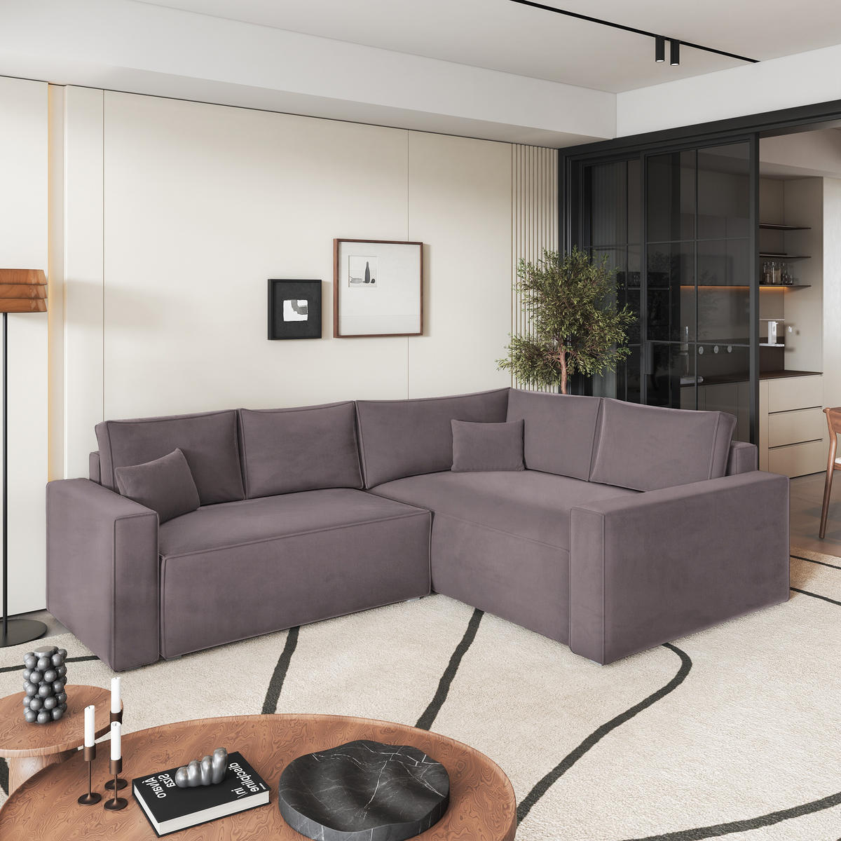 ECKSOFA ERONIS R-S Lila Velours-Stoff mit Schlaffunktion - Lila, Holz (265/194cm) - MASSENO
