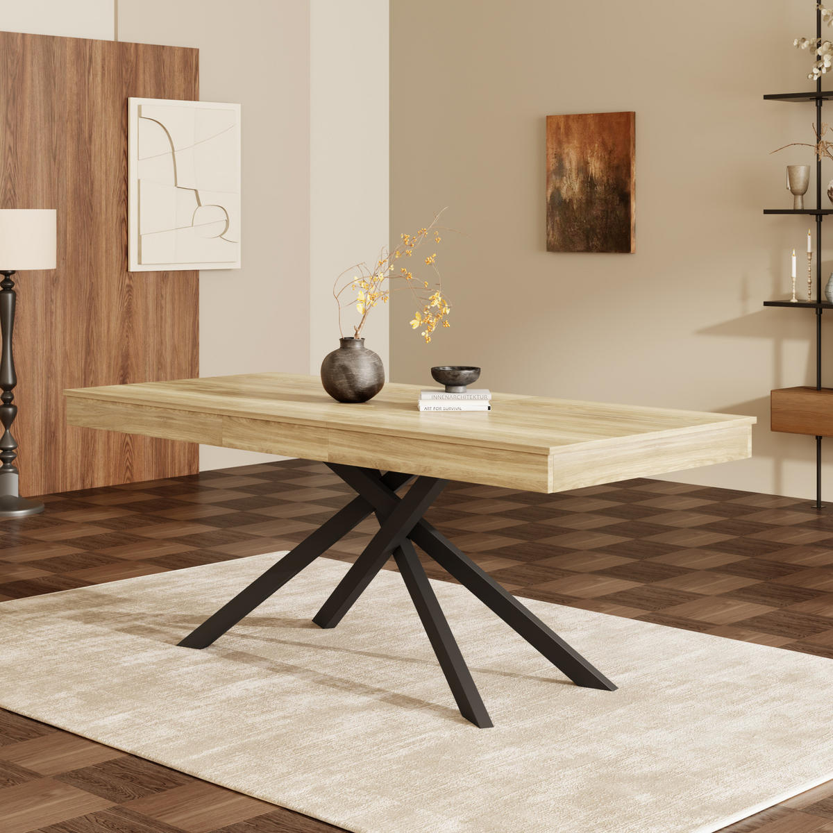 RAZVLAČNI blagovaonski stol 140–180/80 cm za 6–8 osoba, MDF ploča i križne metalne noge, Hrast - boje hrasta, drvni materijal (180/80/76cm) - Redom