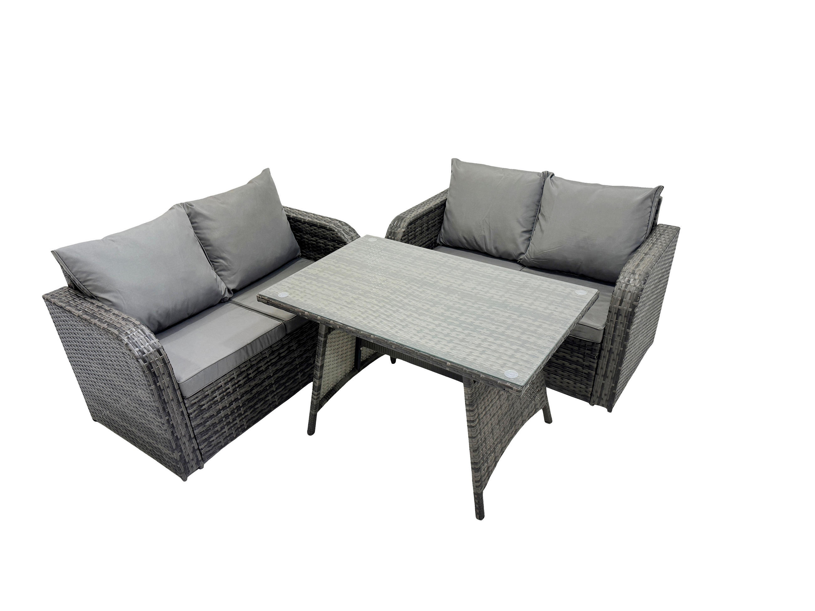 BALKONSET mit ESSTISCH SOFA Polyrattan Dunkelgrau 4-Sitzer - Dunkelgrau/Grau, Glas/Kunststoff - Fimous