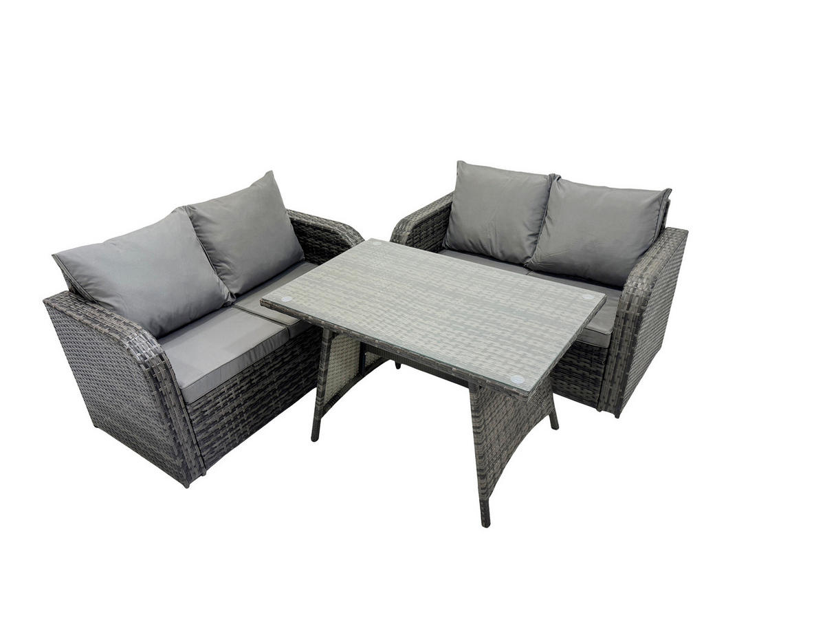 BALKONSET mit ESSTISCH SOFA Polyrattan Dunkelgrau 4-Sitzer - Dunkelgrau/Grau, Glas/Kunststoff - Fimous
