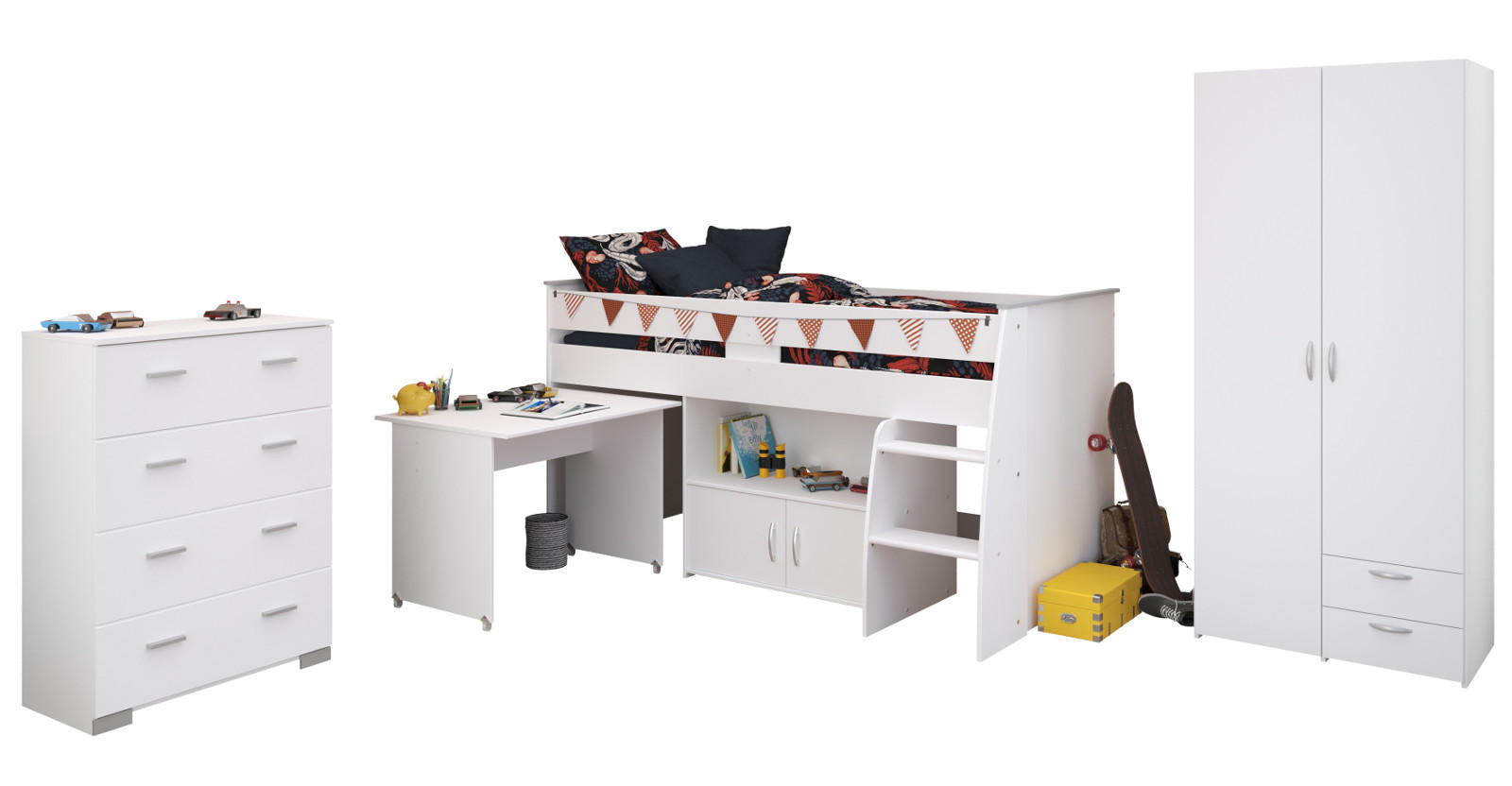 KINDERZIMMER weiß, Komplett-Set 3-teilig mit Stauraumbett, Kleiderschrank, Kommode - Silberfarben/Weiß, Holzwerkstoff/Kunststoff (115/185/204cm) - Parisot Meuble