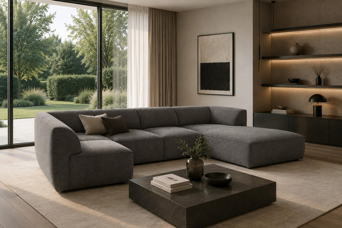 WOHNLANDSCHAFT MOVO - modulares Ecksofa grau – modernes Design und flexible Gestaltung, rechts - Dunkelgrün/Bordeaux, Kunststoff/Textil (156/78/345cm) - KS Home Concept
