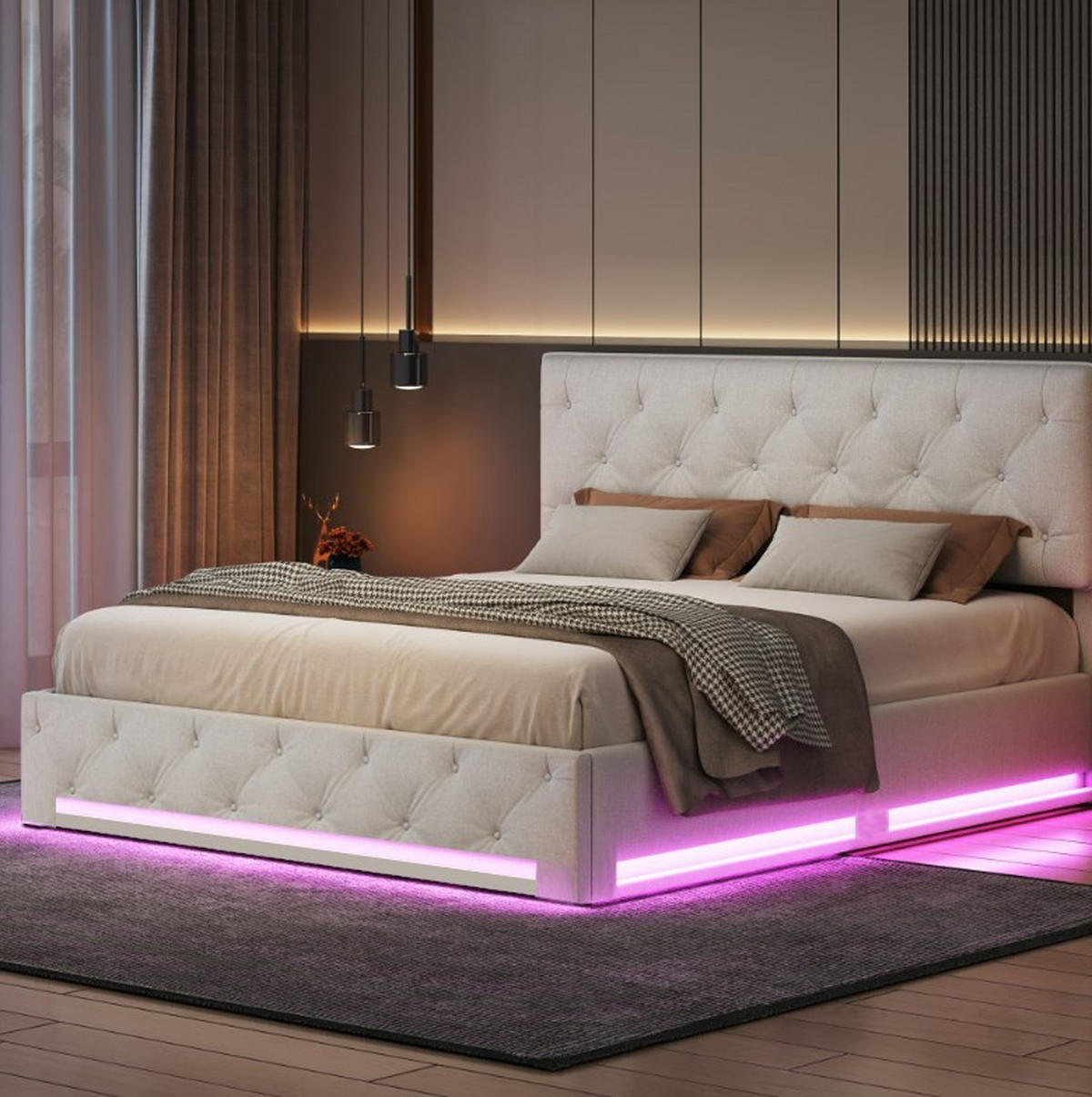 POLSTERBETT 140x200 cm, Weiß, LED-Beleuchtung, höhenverstellbarem Kopfteil - Weiß, Textil/Metall (140/200cm)