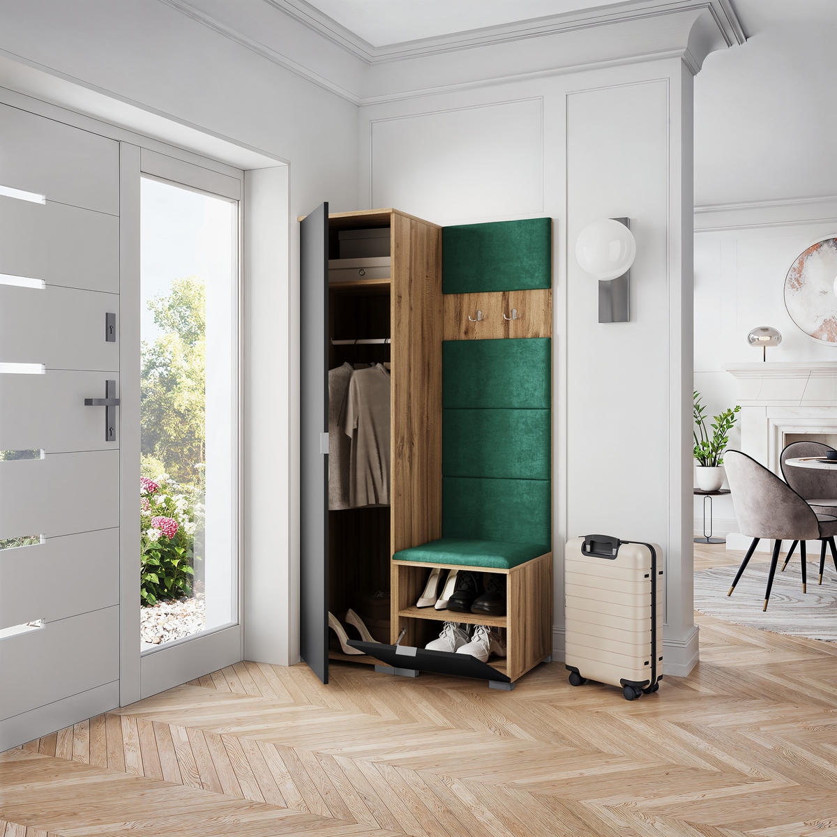 GARDEROBENSCHRANK LORI 95/181/51 cm Modern Garderobe-Set Eiche Wotan - Eiche Wotan/Schwarz, Holzwerkstoff (95/181/51cm) - MASSENO