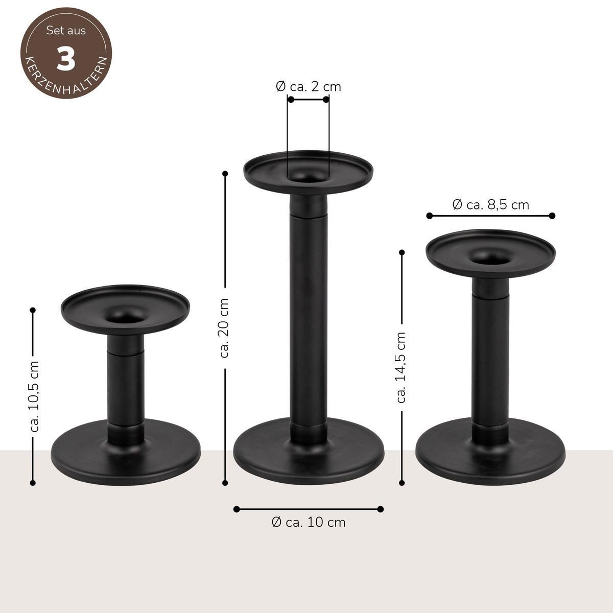 KERZENHALTER 3er-Set, schwarz, Stahl - Schwarz, Metall (8.9/10.7/10cm) - bremermann