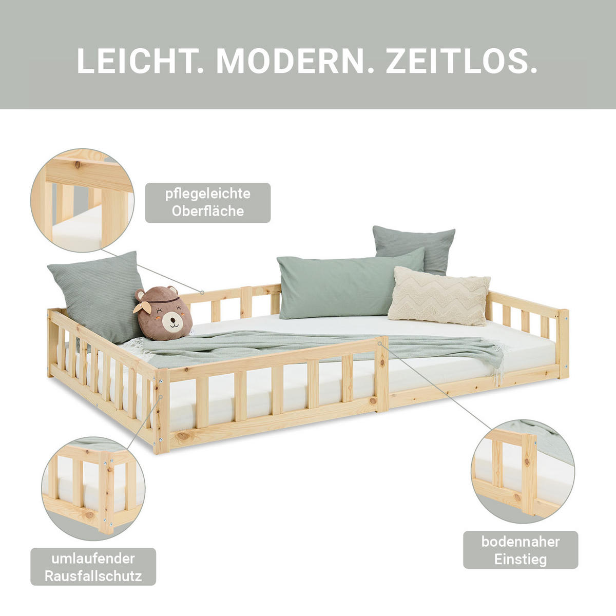 BODENBETT 120x200 cm Natur mit Lattenrost - Naturfarben, Holz (120/200cm) - Homestyle4u