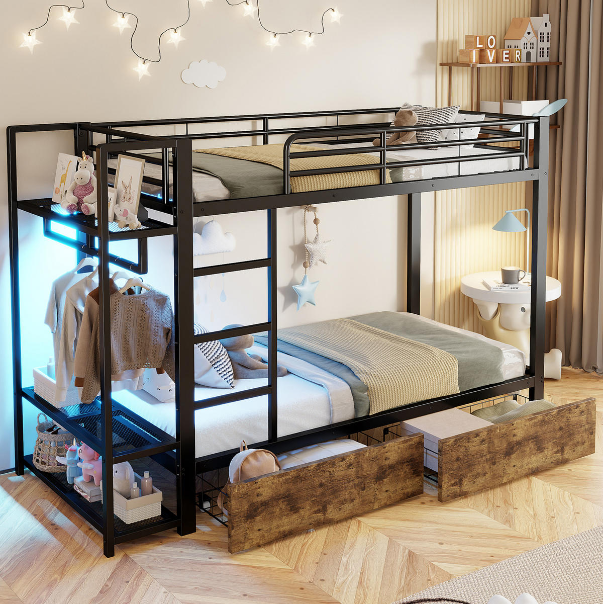 ETAGENBETT 90/200 cm aus Metall mit LED-Beleuchtung, Schubladen und Ablagen - Schwarz, Metall (90/200cm) - Flora Grace