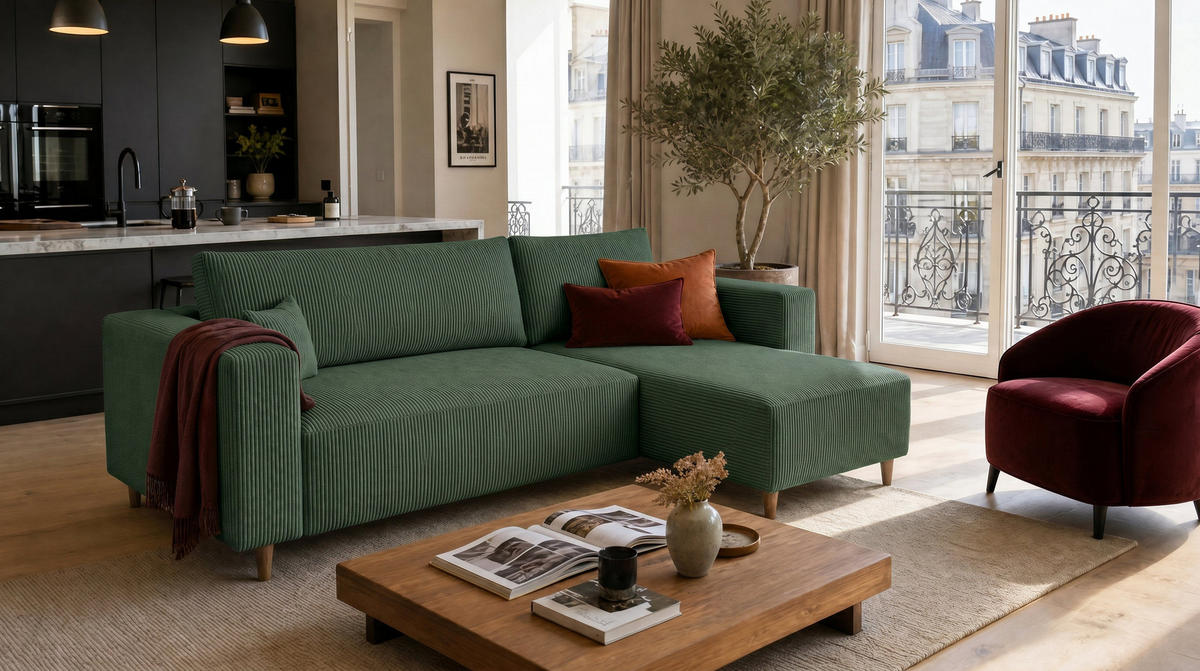 ECKSOFA mit Schlaffunktion und Bettkasten Rio, Ecksofa Cordstoff Grün, Ottomane Universal, 249x142 cm - Grün, Textil (249/142cm) - Marpur