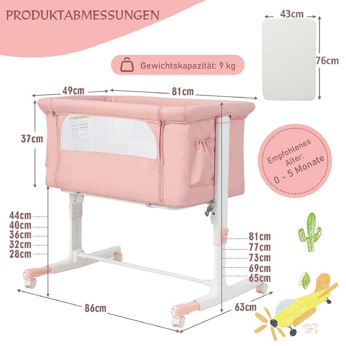 BABYWIEGE mit Wiege rosa - Pink, Textil - COSTWAY
