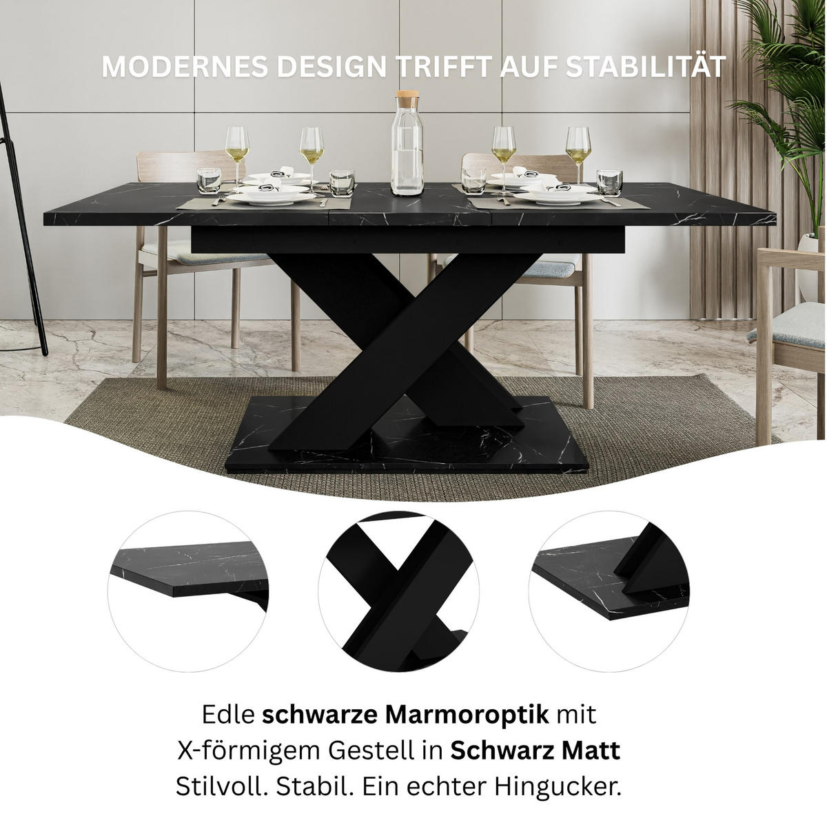 ESSTISCH Royal Schwarz Marmoptik Ausziehbar 140 - 180 cm - Schwarz, Holzwerkstoff (140/80/75cm) - PROSPERO