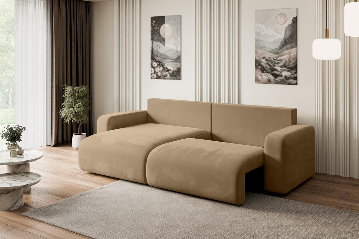 ECKSOFA mit Schlaffunktion und Bettkasten KLEEA-L - 247x143x83 cm Beige Velours - Beige/Schwarz, Holzwerkstoff/Kunststoff (247/143cm) - ALTDECOR