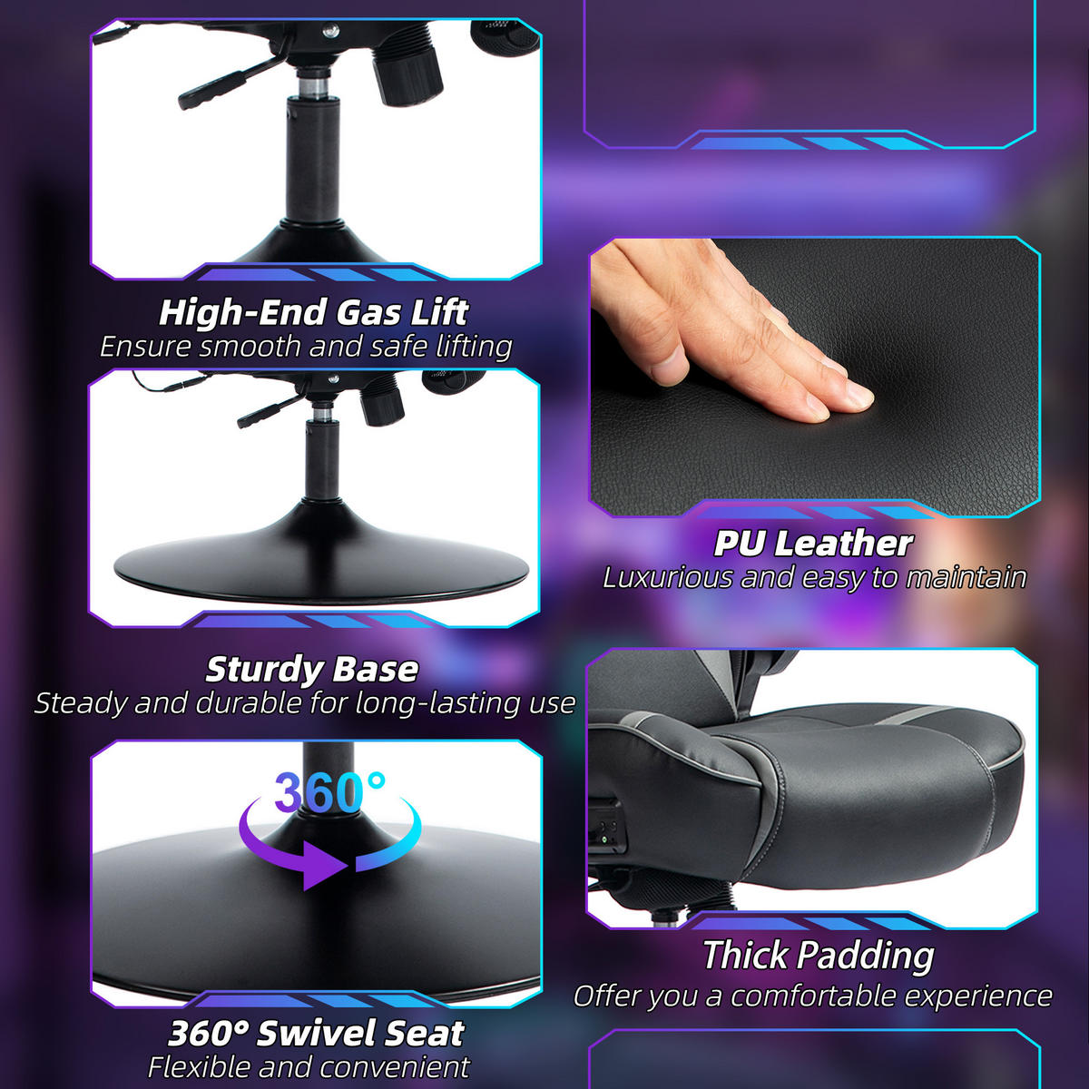 GAMING Stuhl mit Wippen- und Schkelfunktion, ergonomischer Computerstuhl - Grau, Leder (73/118/69cm) - Vinsetto