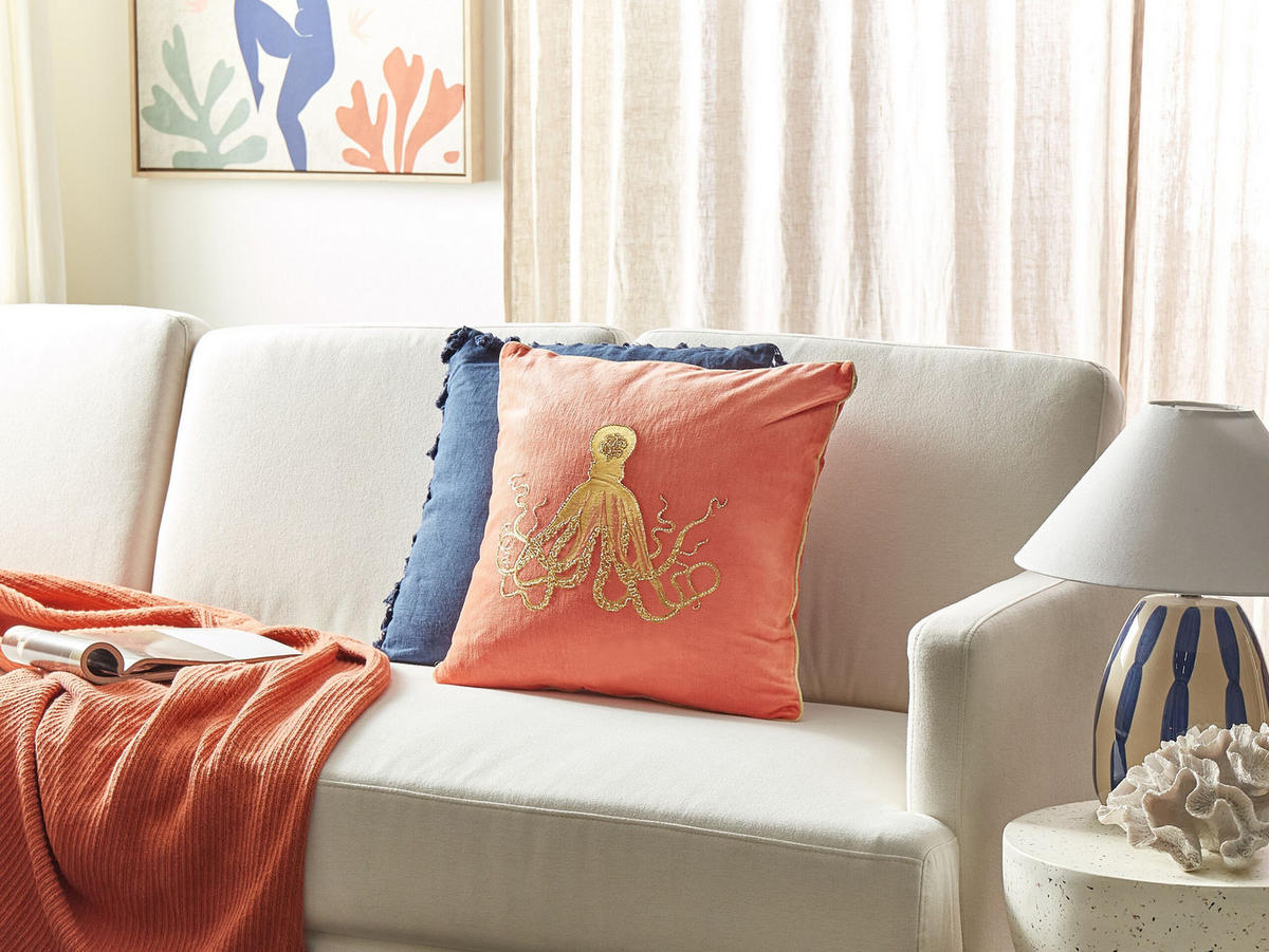 DEKOKISSEN Korallenrot 45/45 cm Laminaria - Rot/Goldfarben, Textil (45/45cm) - Beliani