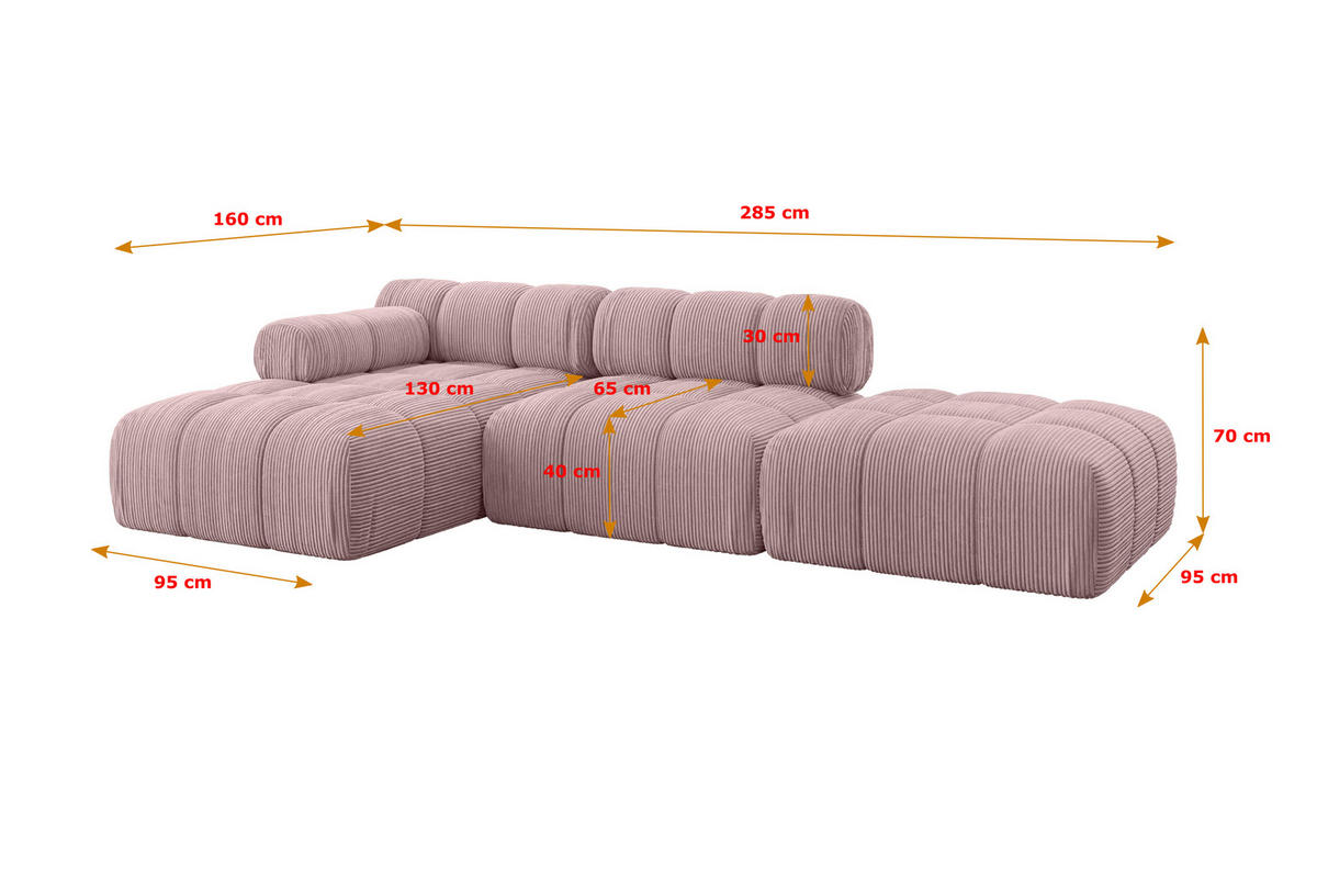 ECKSOFA modulares Sofa Lizur-L1 - 285x160x70 cm Rosa Cord - Rosa, Holzwerkstoff/Textil (285/160cm) - ALTDECOR