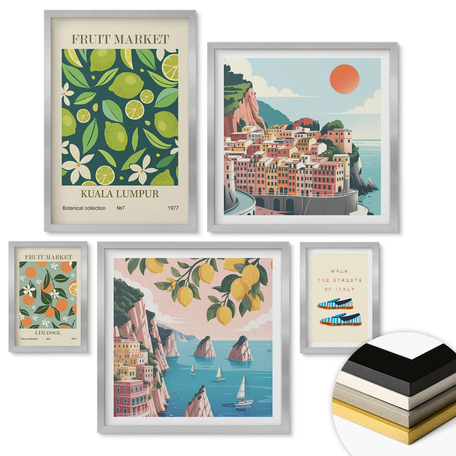 WANDBILDER 5er Set - 50x50 cm & 20x30 cm & 40x60 cm Silberner Rahmen - Stadtansichten Paris London Frankreich - Silberfarben, Kunststoff (40/60cm) - ArtPrintCave