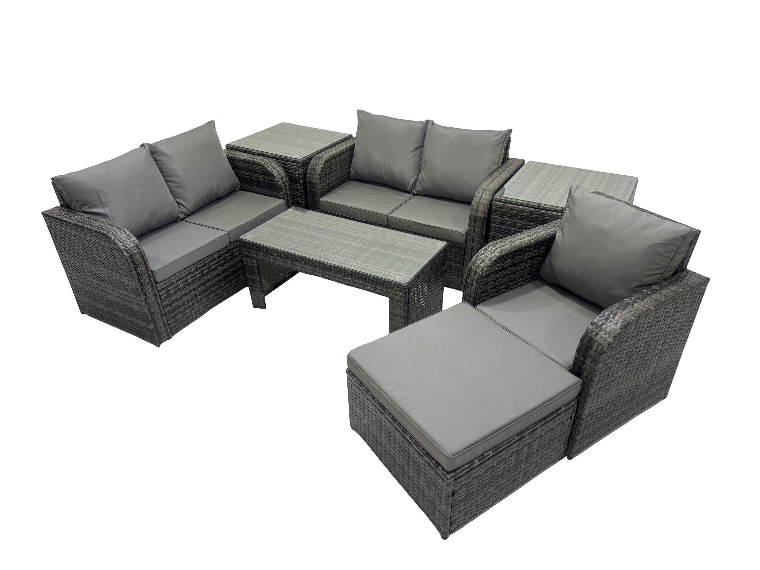GARTENSOFA SET mit rechteckigem COUCHTISCH Polyrattan 6-Sitzer Dunkelgrau - Dunkelgrau/Grau, Glas/Kunststoff - Fimous