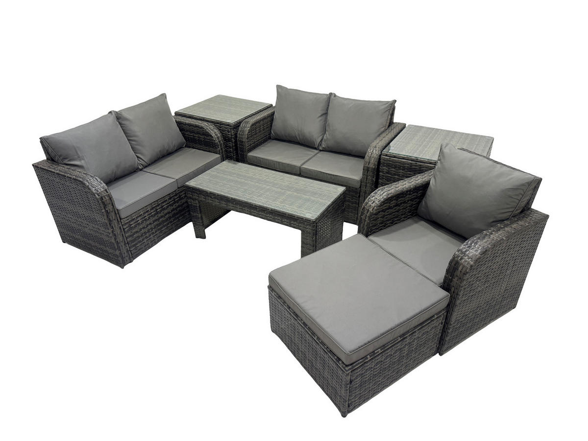 GARTENSOFA SET mit rechteckigem COUCHTISCH Polyrattan 6-Sitzer Dunkelgrau - Dunkelgrau/Grau, Glas/Kunststoff - Fimous