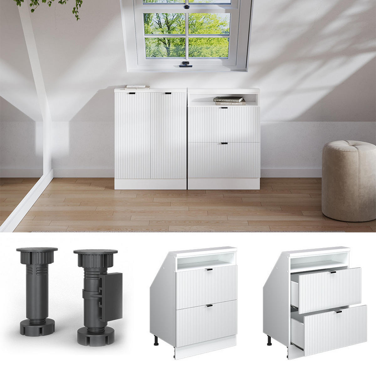 DACHSCHRÄGENSCHRANK Rion Weiß Riffel 60 x 81.6 cm mit 2 Schubladen - Weiß, Holzwerkstoff (60/81.6/46cm) - Vicco