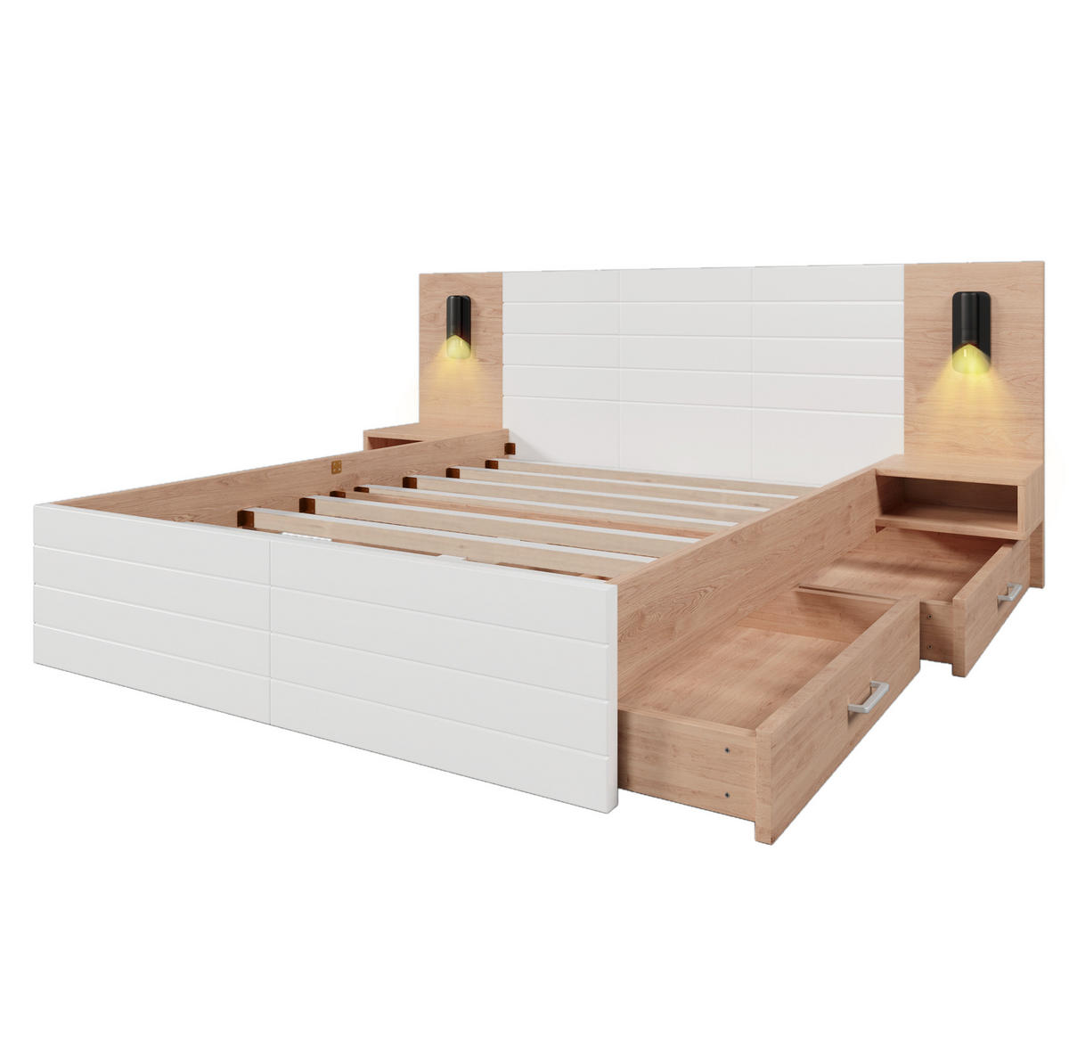 DOPPELBETT 180/200 cm Eiche und Weiß mit Leselicht und USB-Ladeanschluss - Weiß, Holzwerkstoff (180/200cm) - OKWISH