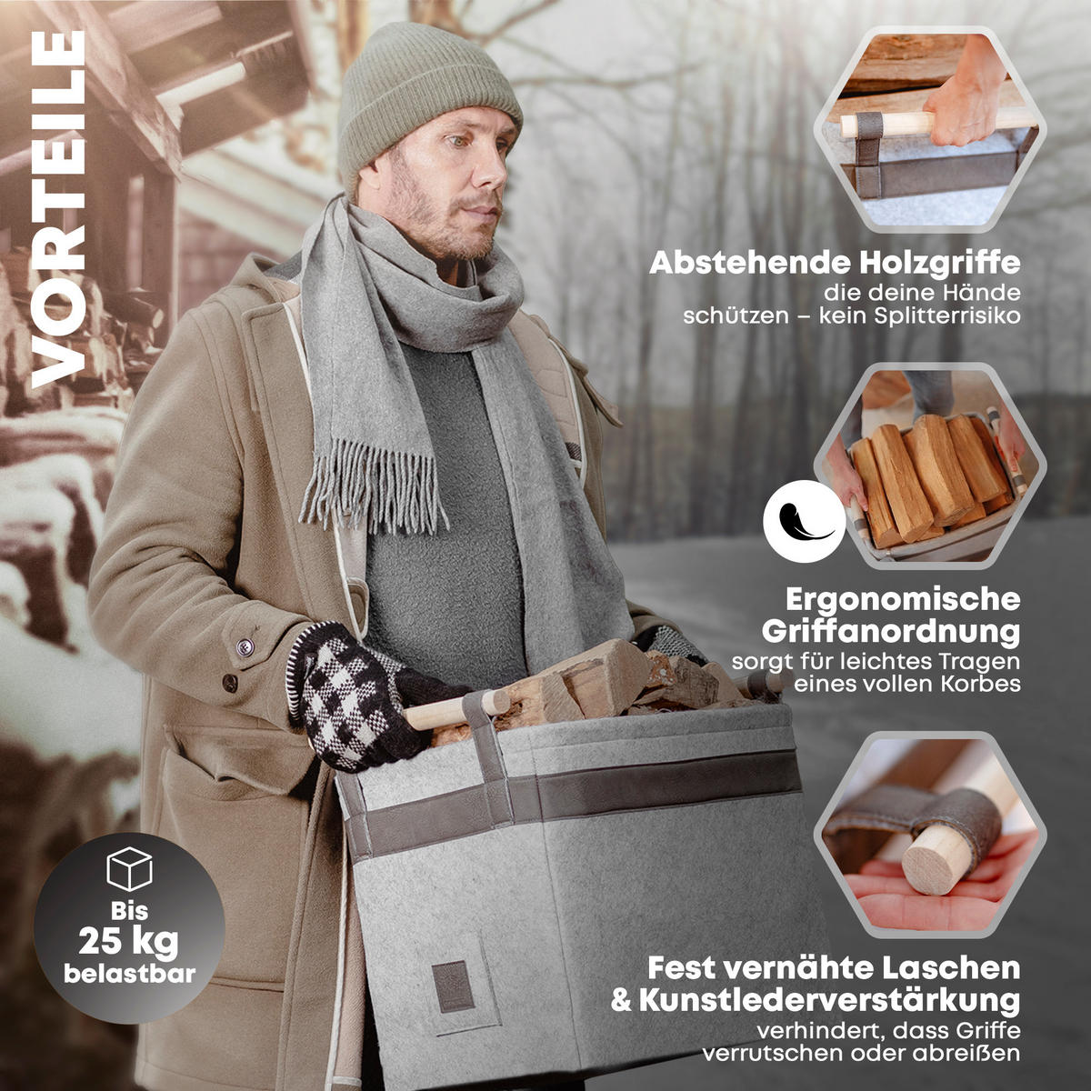 KAMINHOLZKORB Classic Filz mit Metallrahmen für Zusatzstabilität 42/32/35 cm - Grau, Textil (32/35/42cm) - OAKAGE