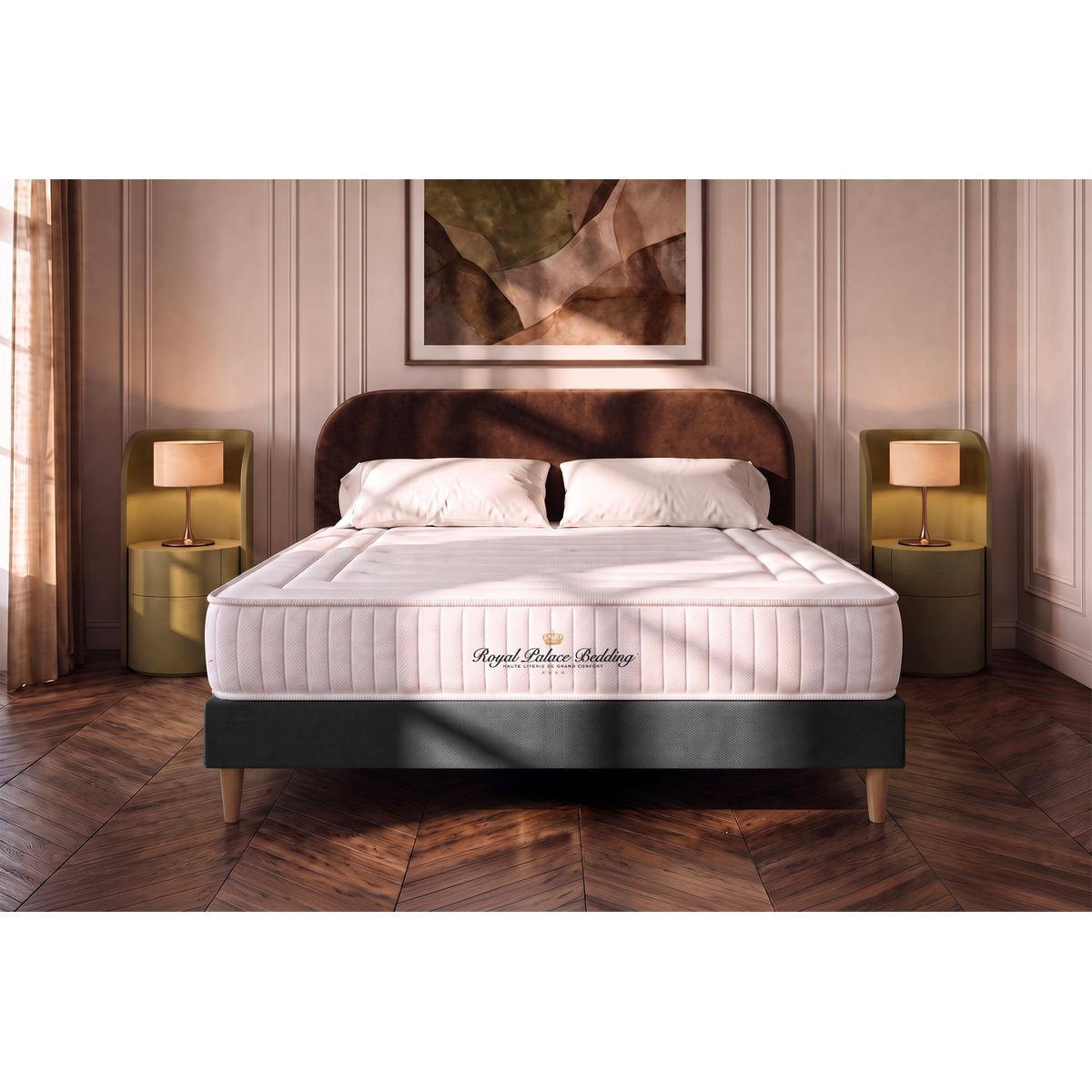 BETT Nottingham Memory-Schaum 180 x 220 cm h3 - Kit Bettgestell Schwarz - Beige/Schwarz, Karton/Holz (180/220cm) - ROYAL PALACE BEDDING
